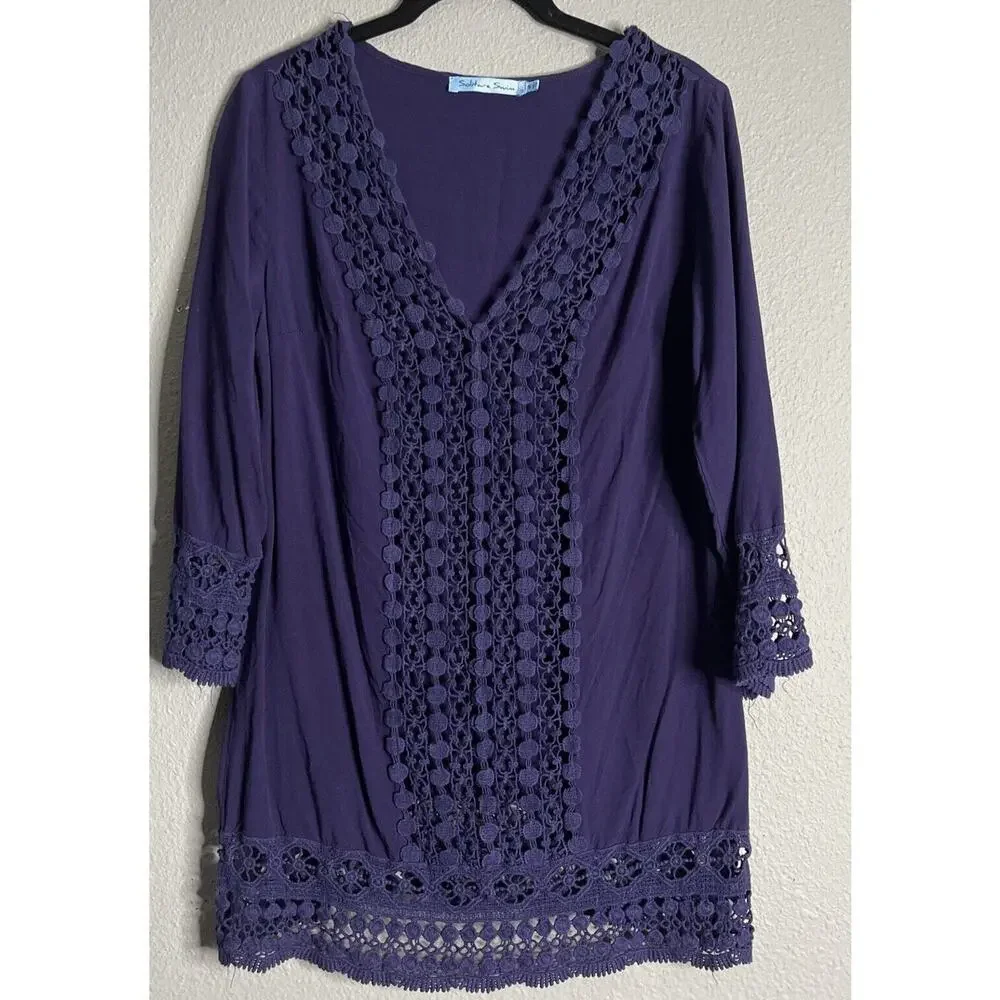 Solitaire Top Women Medium Purple Swim Tunic Crochet Cover‎ Up Sheer Pullover